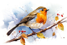 Watercolor Painting Of A Robin Bird In Autumn Between Autumn Leaves. Generative AI.