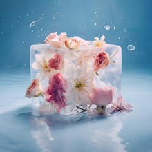 Beautiful Frozen Flowers In Ice Cube On Blue Background. Summer Floral Composition In Pastel Colors. Nature Concept.