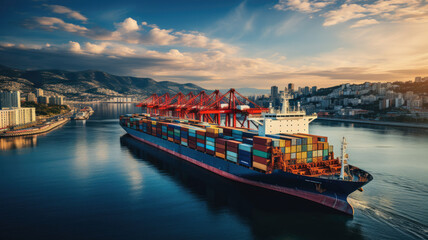 Wall Mural - Container ship at industrial port in import export business logistic and transportation of international by container ship in the sea, Container loading in cargo freight ship with industrial crane.