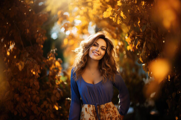 Happy plus size model in blue dress outdoors, fat woman in autumn park among yellow leaves, beauty in nature