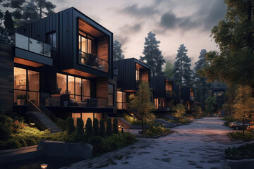 Wall Mural - Townhouses facade with illuminated windows in dusk. Modern residential houses in luxury neighborhood