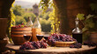 Bottles and wineglasses with grapes and barrel in rural scene background. 
