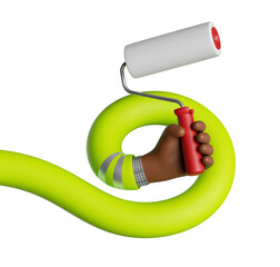 Wall Mural - 3d render. Funny cartoon flexible arm holds roller painting tool. Elastic hand isolated on white background