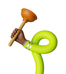 Wall Mural - 3d render. Funny cartoon flexible dark skin human arm holds plunger building tool. Professional plumber. Toilet cleaning service clip art. Elastic african hand isolated on white background