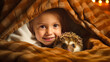Enthralling scene of curious child and baby hedgehog in a cozy blanket fort, bathed in soft glow. Perfect for expressing warmth, wonder and comfort. Generative AI
