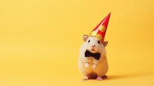Hamster Isolated On Yellow Background, Birthday Party Invite Concept