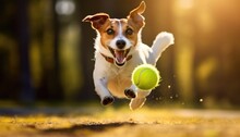 Happy Jack Russell Terrier Dog Running And Bringing A Tennis Ball