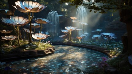 Poster - A garden of enchanted fountains with water that flows like petals.