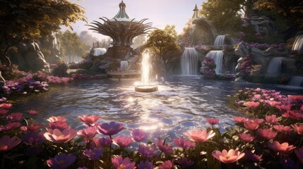 Canvas Print - A garden of enchanted fountains with water that flows like petals.