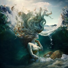 Wall Mural - Mermaids, portrait, face close, underwater background fantasy illustration, fantasy
portrait, close-up, underwater world background, 