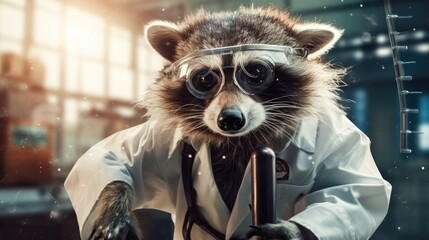 Wall Mural - A scientist raccoon with a lab coat and goggles.