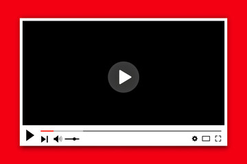 Aufkleber - Multimedia video player with play button, play video window with navigation icons, video streaming on internet, modern social media video player interface template live digital stream - for stock