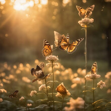 Captivating Golden Hour: Butterflies In Graceful Sunset Ballet Over The Serene Lake Or Forest Glade. Nature's Ethereal Beauty.