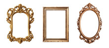 Golden And Wooden Frames On Transparent Background. Decorative Elegant Luxury Design, Frame Set, Collection, Rococo Style, Png