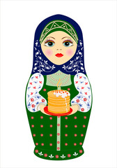 Wall Mural - Russian nesting doll on a white background. Beautiful and cheerful wooden doll.  In the hands of a plate of pancakes. Souvenir illustration. Present. Sample.  illustration