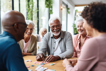 Diverse group of seniors playing board games indoors.