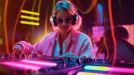 candid an excited DJ young scandinavian woman mixing music at turntables with headphones. beautiful Generative AI AIG32