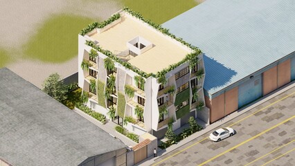 Wall Mural - Four-story multi-family building, with concrete, wood and flagstone materials. Eco-sustainable parametric façade, with a lot of vegetation in the surroundings.