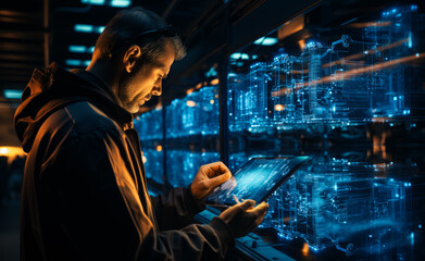 Focused man wearing brown jacket looks at his I-pad. Long row with neon 3d images in front of the man.