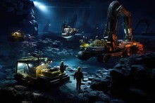 Underground Construction Site. Big Yellow Excavator Working On A Construction Site At Night, Mining In Pacific, With An Underwater Environment And Unique Features Of The Mine, AI Generated