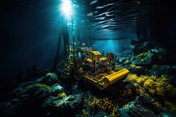 Sticker - Underwater view of a yellow excavator in the deep blue sea, A seabed mining operation in the heart of the Pacific, with an underwater environment and unique features of the mine, AI Generated