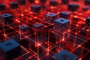 Sticker - Abstract 3d rendering of cubes with red neon light on dark background, A closeup of a red glowing blockchain network with  blocks, AI Generated