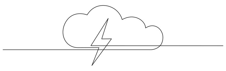 Wall Mural - Cloud with thunderbolt continuous one line drawn. Lightning bolt linear symbol. Bad weather sign. Vector illustration isolated on white.