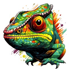 Wall Mural - Illustration Colored chameleon, predominantly green, with white background, isolated