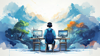 Wall Mural - student at the table view from the back learning global drawing picture graphics