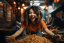 A Cute, Smiling Asian Girl In An Asian Restaurant Stands Behind A Wok Full Of Noodles. She Is All Covered With Noodles.