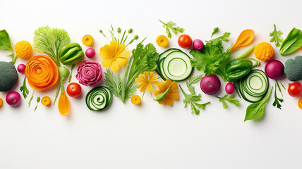 Wall Mural - a row of vegetables and fruits collage isolated on a white background.