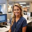 Happy medical billing coding specialist working office. Portrait of a female doctor