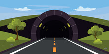 Vector Illustration Of A Road Tunnel In Cartoon Style. Road For Cars, Trees, Grass And Bushes Around Against A Clear Sky. Underground Crossing With Yellow Illumination.