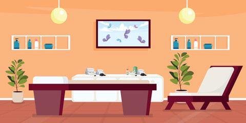 Spa salon vector illustration in cartoon style. Massage table, lounger, lamp, flowerpot, massage ingredients and painting in the relaxation room. Massage, healing procedures.