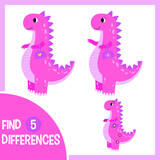 Fototapeta Dinusie - Find differences. Educational game for children. Tyrannosaurus princess, girl dinosaur.