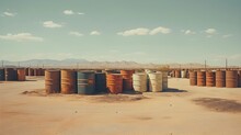 Vintage Oil Barrels At Desert
