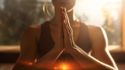 close-up of hands girl doing yoga beautiful light.