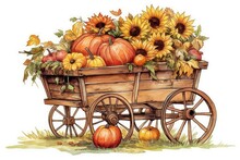 Illustration Of A Wooden Cart In Watercolor With Fall Foliage, Pumpkins, Maize, And Sunflowers. Thanksgiving And Harvest Day Illustrations For Scrapbooking, Cards, And Home Décor. Generative AI