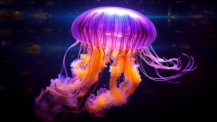 Poster - fantastic glowing jellyfish, ocean alien underwater creature.