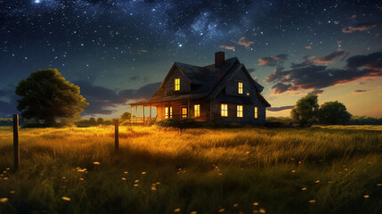 Wall Mural - landscape panorama lonely house cottage under the starry sky.