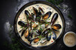 Blue mussels in cream wine sauce. Delicious healthy Italian traditional food closeup served for lunch in modern gourmet cuisine restaurant.GenerativeAI.