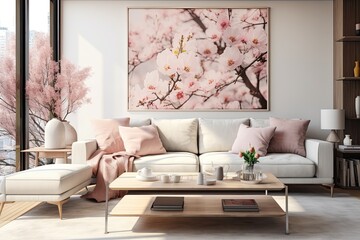 Poster - A contemporary living space adorned with a cozy couch and a table decorated with fresh blooms of the spring season.