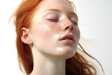 Young model, freckles, eyes closed. Trying cosmetics, nude makeup, using toners, sunscreen. White background.