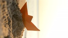 Paper Orange Boat On Sand Near Sea Waves With Sunny Path On Sandy Beach Of Sea Shore During Sunset Dawn With Shining Sun Close-up. Swimming Dream Sailing Traveling Vacation Tourism Concept Vertical