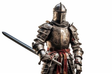 a closeup photo image of a medieval knight in a golden and steel armour. holding a big sword weapon. isolated on white studio background. Generative AI