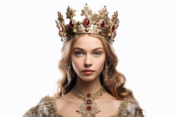 a closeup photo portrait of a beautiful young medieval european blonde queen with a gold crown on head and royal dress. isolated on white studio background. Generative AI