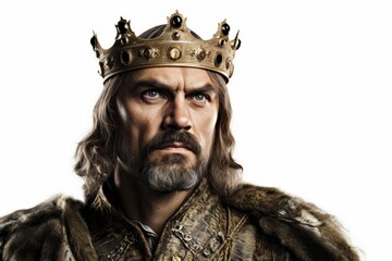 a closeup photo portrait of a handsome old mature medieval european king with a gold crown on head and royal clothing with long hair. isolated on white studio background. Generative AI