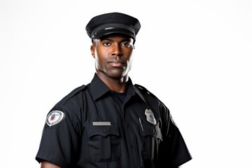 a closeup photo a black african american nyc male police officer with uniform and hat standing. security guard. isolated on white background. Generative AI