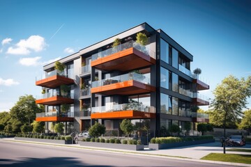 Sticker - A contemporary and high end apartment complex with a sunny and vibrant atmosphere. A sleek architectural structure under a clear blue sky. The front view of a cutting edge residential building. The