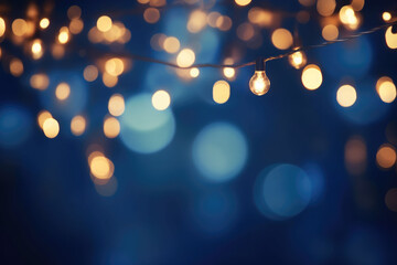 Christmas garland bokeh lights over blue background. Minimalist holiday illumination. AI generated